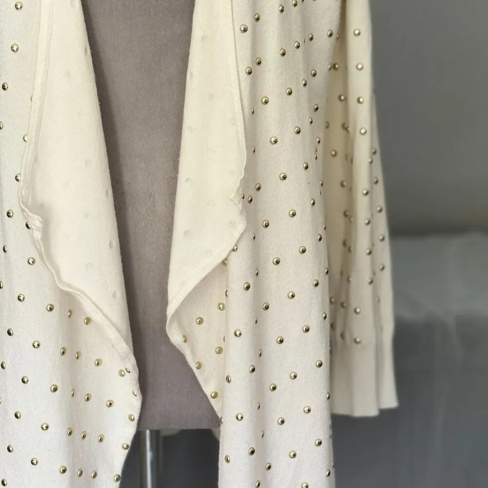 Premise XL Ivory Gold Studded Open Front Waterfall Cardigan Sweater Womens